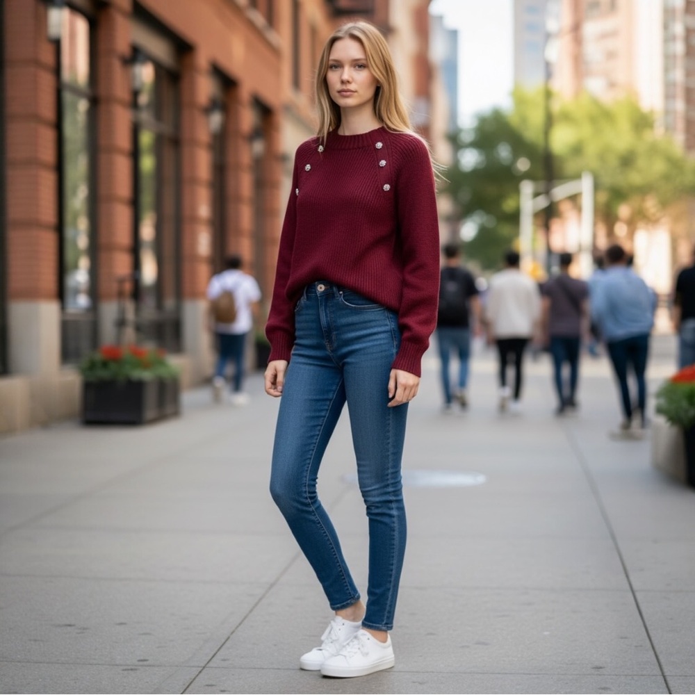 J.Crew crewneck sweater with jeweled buttons in a burgundy wool blend sz M